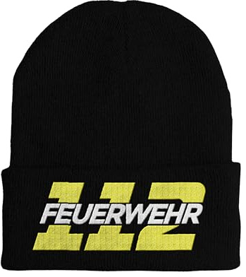 tshirtladen Beanie Feuerwehr 112 Mütze Bestickt – Strickmütze Feuerwehr Wintermütze mit gelb weißer Stickerei – Einsatzmütze für Herren Damen – ideal für Freizeit Beruf Feuerwehrfans