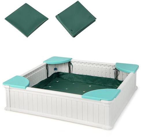 GOPLUS Arenero Infantil para Niños con 4 Asientos de Esquina Anchos, Bandeja de Arena HDPE Rectangular con Forro Inferior y Funda de Protección, Caja de Arena con Zona de Juegos Espaciosa (Blanco)
