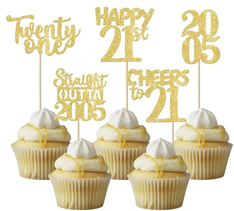 Xsstarmi 30 Pack Happy 21st Birthday Cupcake Toppers Gold Glitter Twenty One Straight Outta 2005 Cupcake Picks for Cheers to 21 Years 21st Birthday Anniversary Party Cake Decorations