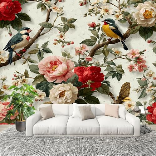 Fotomurale da Parete Fiori E Uccelli Acquerellati Decorazioni D'interni Pareti Camera De Letto Soggiorno 3D Carta Parati Bianco Tessuto Non Tessuto Murali Poster 200x140 cm