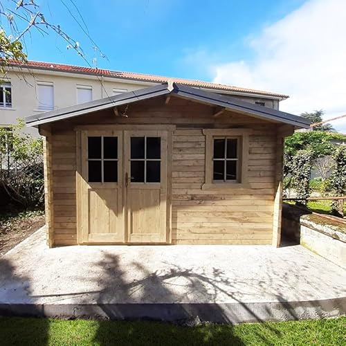 Gardy Shelter Abri de Jardin Bois Massif 40mm 11,86m² | Double Porte Semi-Vitrée, Fenêtre, Traitement Insecticide | Toiture Bois Massif, Feutre Bitumé | Marron