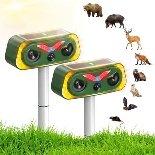 Uffylle Katzenschreck Ultraschall Dualer Solar Eule, 2 Modus Tiervertreiber, IP68 Marderschreck mit LED Bewegungsmelder zur Abwehr von Katzen, Mardern und Hunden vertreiben Garten, 2 Stück