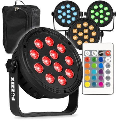 Fuzzix Comet M12 LED Par Can Party Lighting System with 4 Wash Lights & Equipment Bag – Home Disco, DJ Gigs, Band & Party Light Package, Remote-Control, 12x RGB LEDs per Light