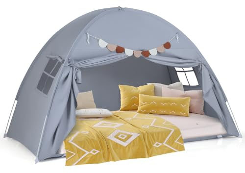 GOPLUS Spielzelt Kinder Indoor, Kinderzelt groß mit 2 Fenstern, Vorhang & Fahnen, Kinderspielzelt für Hochbett und Etagenbetten, Kinderzelt für Mädchen & Jungen ab 3 Jahren, 201 x 100 x 122 cm, Grau