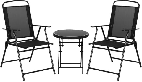 Outsunny Set da Giardino 3 Pezzi con 2 Sedie Pieghevoli Nero | Tavolino Rotondo, Metallo e Vetro, Tavolo e Sedie da Giardino, Set da Bistro, Patio Cortile Esterno