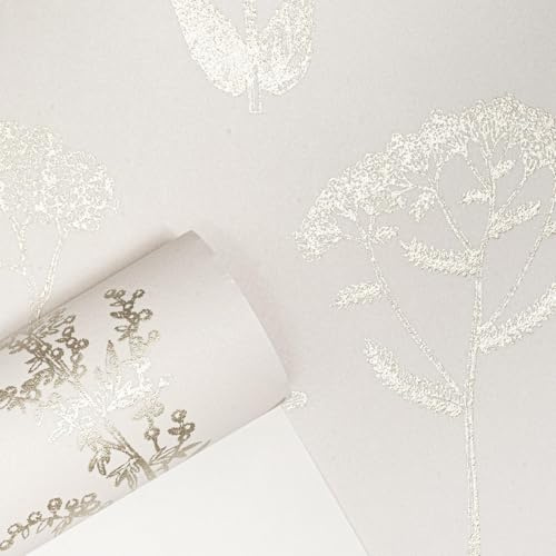 SOPHIE LAURENCE White Floral Wallpaper Gold Metallic Shimmer Textured Thick Slightly Imperfect Bedroom Bathroom Lounge Hallway 10m x 0.53m Full Roll