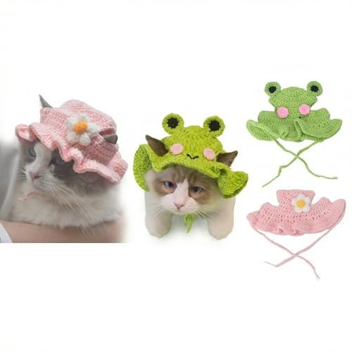 Lot de 2 chapeaux pour chat - Motif grenouille et fleurs - Taille réglable pour petits chats et chiens - Matériau souple - Accessoires d'animaux - Costume de chat pour occasions spéciales