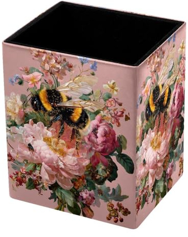 HEOEH Stifthalter für den Schreibtisch, Bienen-Blume, Stifthalter, Stift-Organizer, PU-Leder-Bleistiftbecher, Make-up-Pinselhalter für Zuhause, Schule, Bürobedarf
