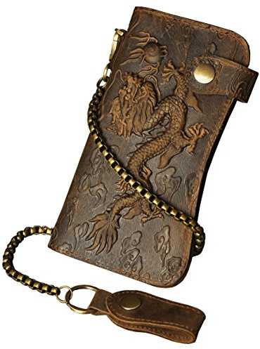 Le'aokuu Mens Genuine Leather Bifold Wallet Organizer Checkbook Iron Chain(0 1088 Dragon Light Brown)