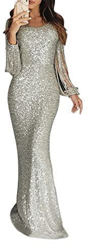 Minetom Damen Festlich Hochzeit Kleider Glänzend Pailletten Elegant Lang Abendkleid Langarm Quaste Cocktailkleid Maxikleid Partykleid A Silber DE 44
