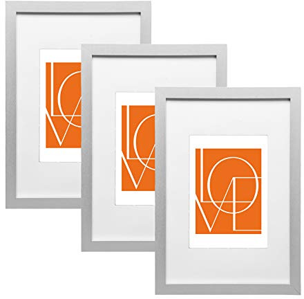 WOLTU Bilderrahmen 20x30 cm Silber, 3er Set MDF-Holz Fotorahmen mit Passepartout, bruchsichere PS-Platte zum Aufhängen und Aufstellen, Collage Wanddeko Rahmen