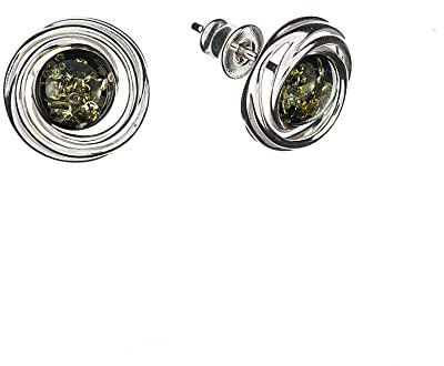 Bernstein Ohrringe, runde grüne Ohrstecker aus Bernstein und 925/000 Sterling Silber rhodiniert von Artisana-Schmuck