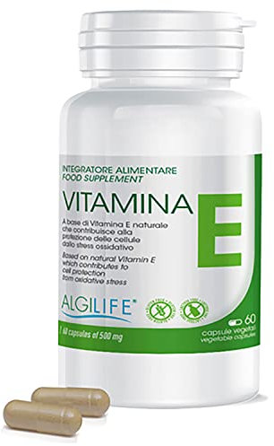 Algilife - Vitamina E Pura in Capsule Vegetali da 60 Mg. Vitamina E Per Viso e Corpo 100% Naturale con Tocoferolo. Vegan Senza Glutine e Lattosio (60 Capsule, scorta 2 mesi)