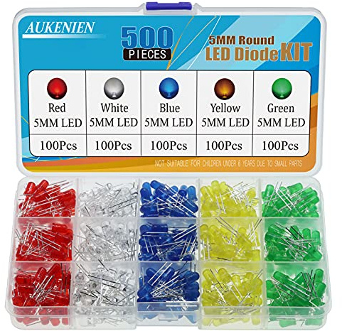 AUKENIEN 500pcs 5MM LED Diodes Light Emitting Diode Assortment Kit 5 Colors Red Blue Yellow Green White Round LED Lighting Bulb Lamp Components for Electronics