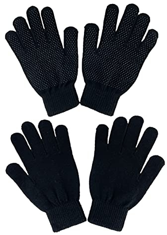 Thingimijigs 2 Pairs Adults Black Thermal Stretch Gloves with Grippers - One Size Fits All