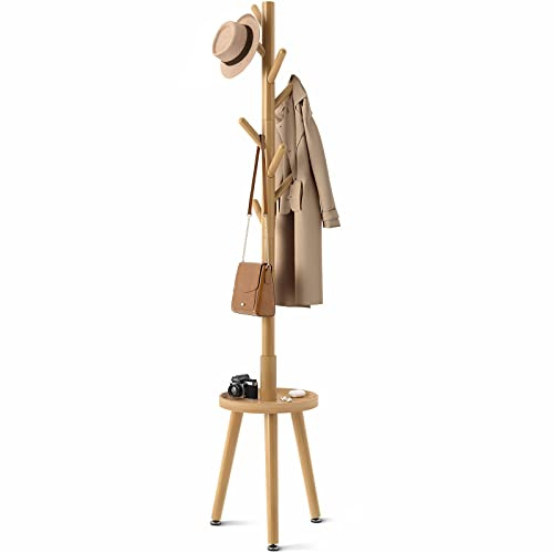 GREENSTELL Coat Rack with 8 Hooks, Wooden Coat Rack Freestanding with Shelf, Coat Tree with 4 Height Options 50.5-72.6, Coat Hanger Stand for Bags, Clothes, Umbrellas, Hats, in Home, Natural