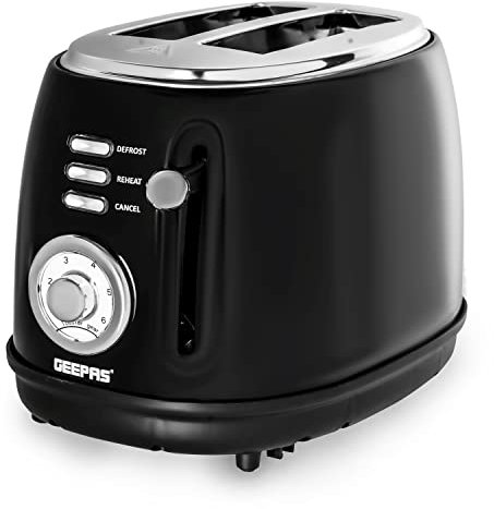 Geepas 2 Slice Bread Toaster with 6 Level Browning Control | Removable Crumb Tray, Defrost, Reheat & Cancel Function, Cord Storage | 2 Year Warranty, Stainless-Steel Housing, 850W, Black