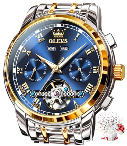 OLEVS Selbstaufziehende Uhren für Herren, automatisch, mechanisch, Tourbillon, Edelstahl, doppelter Kalender, wasserdicht, leuchtende Armbanduhr, Blau, Mechanisch