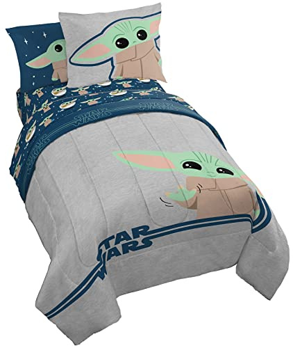 Jay Franco Star Wars The Mandalorian Hello Grogu 5 Piece Twin Size Bed Set - Includes Comforter & Sheet Set - Super Soft Kids Bedding Fade Resistant Microfiber (Official Star Wars Product)
