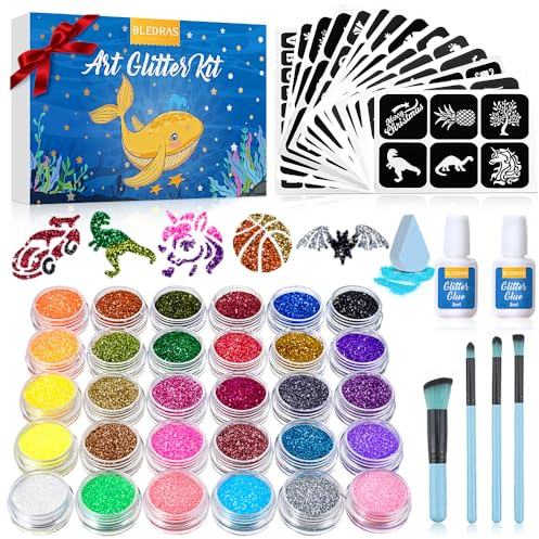 Set Tatuaggi Glitter, Bledras 30 Colori Tatuaggi per Ragazzi Kit, 147 Stencil, 2 Colla, 4 Pennelli, Kit Tatuaggi Flash per Ragazzi, Ragazze e Adulti, Carnevale Festival, Feste, Regali per Natale