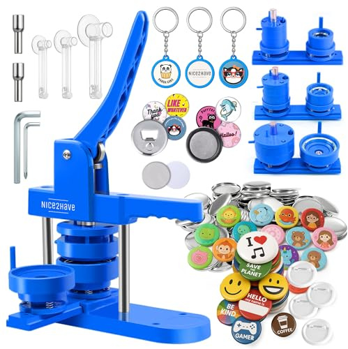 Nice2Have Buttonmaschine, verschiedene Größen, 25 mm, 32 mm, 58 mm (500 Buttons, 15 Flaschenöffner, 15 Kühlschrankmagnete, 15 Schlüsselanhänger-Buttons, 500+ Designs, 3 Formen)