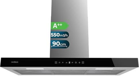 Cecotec Hotte Aspirante Flux TT 905500 Noir Verre A++. 90 cm, 70W, fFaible Consommation d'Énergie, Aspiration 550m3/h, Commande Tactile, 3 Niveaux, Éclairage LED, Filtre à Charbon
