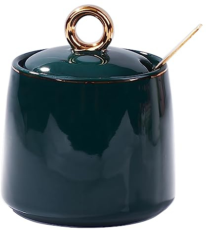 BOSILI Ceramic Sugar Bowls with Stainless Steel Spoon Salt Container with Lid for Sugar Seasoning(Green)