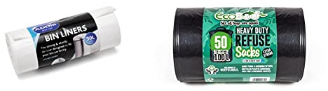 Addis 518023 Kitchen Waste Bin Liners, White, 30 L & Eco Bag 50 Heavy Duty Refuse Sacks, Black, 1x