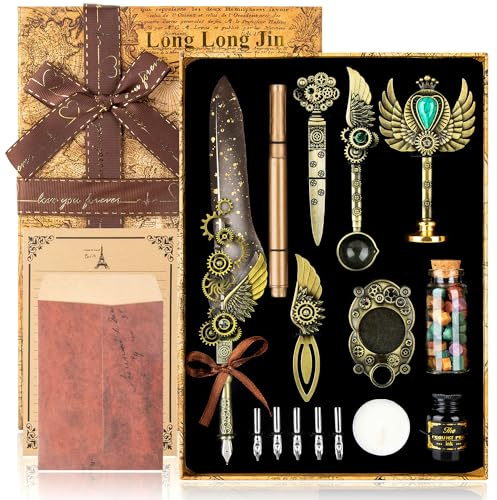 LongLongJin Quill Pen Ink Set with Seal Stamp - Feather Calligraphy Pen and Ink Set, Wax Seal Stamp Kit, Calligraphy Copybook,Beginner Calligraphy Quill Pen Lovers of All Ages Selection Gift (Grey)