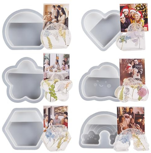 JS MOLD 6 Stück Epoxidharz Formen Kartenhalter Silikonform, 3D Hexagon,Herz,Regenbogenbrücken,Regenbogen,Wolken Gießform, Resin Epoxidharz für Visitenkartenhalter Memohalter Klebezettel
