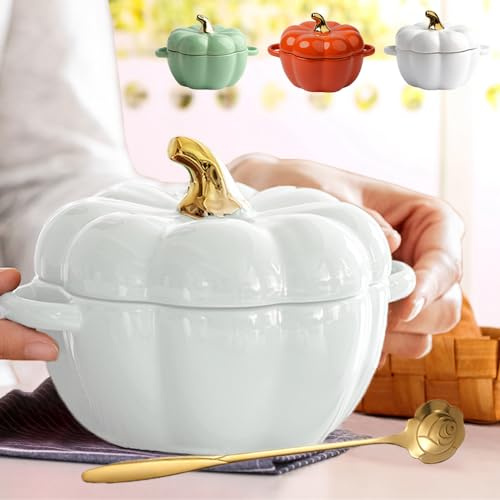 Cuenco de cerámica de calabaza otoñal con tapa, 15 onzas, apto para microondas y lavavajillas, cuenco de sopa de calabaza con asa, tarro de almacenamiento de decoración de calabaza para el hogar,
