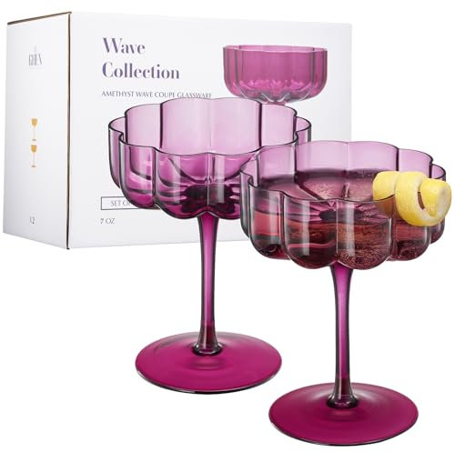 Khen | Flower Wave Vintage Art Deco Coupe for Champagne, Martini, Cocktails | 2 Set | Amethyst 7 oz Classic Cocktail Glassware - Manhattan, Purple Speakeasy Style Saucer Goblet Coupes with Stem