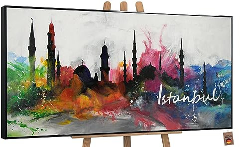 YS-Art Abstrakt Design Acryl Gemälde auf Leinwand Istanbul handgemalt Wandbilder Wohnzimmer modern Wohndekor Bilder Büro farbenfrohe echte Kunst mit Rahmen 100x50 cm
