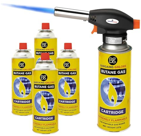 Blow Torch with Butane Gas Bottles - for Camping, Cooking, Kitchen, BBQ, Desserts, Creme Brulee | Flamethrower Welding Refill Auto Ignition Soldering Weed Burning (Blow Torch + 4 Gas Bottles)