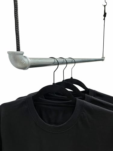 RSR Hangers Kleiderstange mit Seil Silber Garderobe Industrial Design Decke Seilzug hängend Deckenmontage | Breite 30 cm | Ankleidezimmer | Flur | Garderobenstange | begehbarer Kleiderschrank