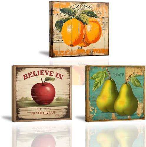 Piy Painting Set de 3 Cuadro en Lienzo de Póster Retro 30x30cm, Foto Impresiones sobre Lienzo de Frutas, Lienzos Decorativos para Cafetería Bar Restaurante Bar Cocina, con Marco Incorporado