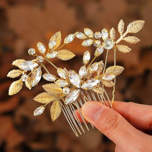 Zoestar Blatt Braut Hochzeit Haarnadeln Gold Strass Haarteil Braut Haarkämme Hochzeit Haarschmuck für Frauen und Mädchen (3 Stück)