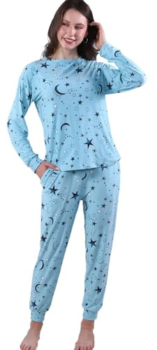 Coolwife Women's Pajama Set Soft Sleepwear Nightwear Long Sleeve Tops and Pants Loungewear Pyjamas Set (Star Moon Light Blue, Medium)