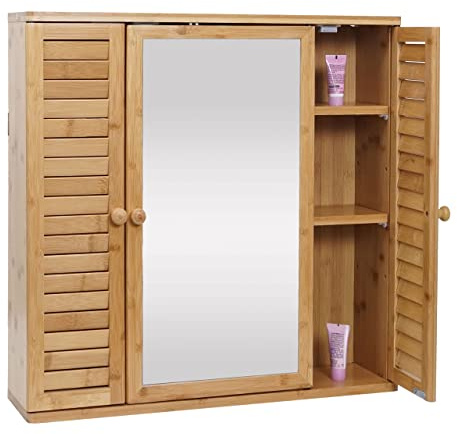 Mendler Spiegelschrank HWC-B18AM 3 Türen, Spiegel 60x60x15cm Bambus