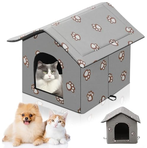GOEDCH Katzenhaus für Draußen: Wetterfestes Haustierhaus im Freien, Faltbare Pet Tierheim für Katzen und Hunde, Warm Hundehöhle Waschbar mit Abnehmbarem Kissen, Kann Behoben Werden, Grau (M)