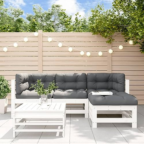 WEMYUFURN 5-TLG. Garten-Lounge-Set mit Kissen Weiß Massivholz, Outdoor-Sitzgruppe, Terrassen-Lounge-Set, Garten-Couchgarnitur - Wetterbeständig, Komfortabel - für Terrasse, Garten und Balkon