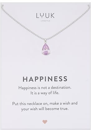 LUUK LIFESTYLE Zirkonia Kristall Halskette, Schwarz|Lila|Rosa|Grün|Rot Edelstein, Kunststein, Geburtstein, Edelstahl Kette, 50cm verstellbar, wasserfest, Geschenk für Sie, mit HAPPINESS Spruchkarte
