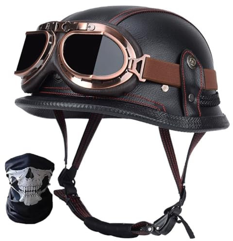 STTTBD Casco Jet Casco Moto retrò, Casco Mezza Calotta in Stile Tedesco, Casco Chopper Vintage Mezza Faccia da Uomo e da Donna, Casco Scooter, con Maschera Occhiali, Omologato DOT/ECE B,L=59-60cm