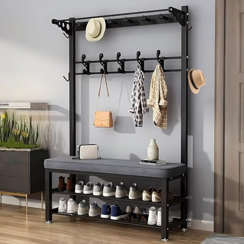 angroups Garderobe mit Sitzbank, Garderobenständer Metall, Multifunktionale Flur Garderobe, Schuhregal mit Sitzfläche, Kleiderständer mit 4 Haken für Flur Schlafzimmer, 60/80/100cm
