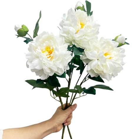 3 vita pioner, konstgjorda sidenblommor med stjälkar, konstgjorda vinterblommor för dekoration, konstgjorda blommor med lång stjälk för hög vas, bordsdekoration för bröllop, festdekoration