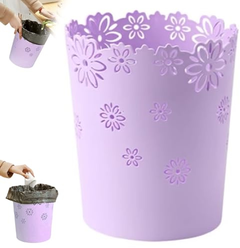 SMELEYOU Paper Bins Waste Bin for Bedroom 6.3 Inch Plastic Hollow Waste Paper Basket Flower Lace Round Waste Bin for Bedroom Bathroom Kitchen and Office S Purple