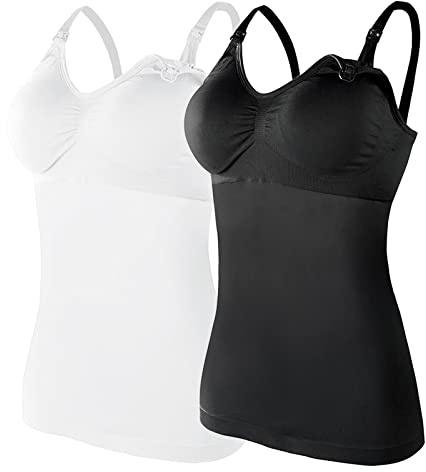 TIMIYUYU 2er Pack Damen Stilltops Tanktop mit Integriertem BH für Stillen Schlaf Damen Stillunterhemd Stillshirt Umstandstop Tank Tops Maternity Spaghetti Top Trägershirt Stillen Nursing (g-Black, L)