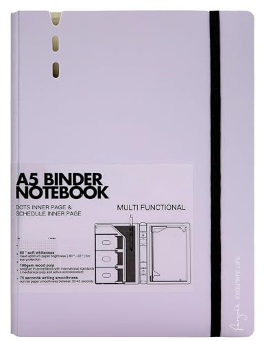 CAGIE Ringbuch A5 Nachfüllbar Binder 6-Ring Notizbuch mit Register | Nachfüllpackung Enthält Planquadratlineal und Punktseiten Loses Blatt Diary, 6.89 x 9.25 In, Hell Violett