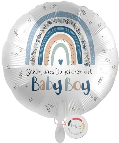balloa Folienballon Regenbogen Baby Boy, Deko zur Geburt Junge, 33 cm | Regenbogen-Design in Blau und Bunt, runde Form, heliumgeeignet, ungefüllt, fröhliche Deko zur Geburt eines Jungen