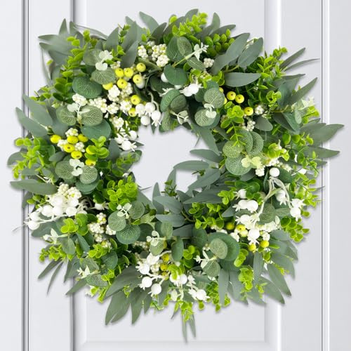 Eucalyptus Wreath for Front Door, 50cm/20inch Spring Summer All Year Wreath, Large Green Leaf Wreath, Boxwood Eucalyptus Door Wreath Decoration for Outdoor Indoor Farmhouse Wedding Home Wall Fireplace